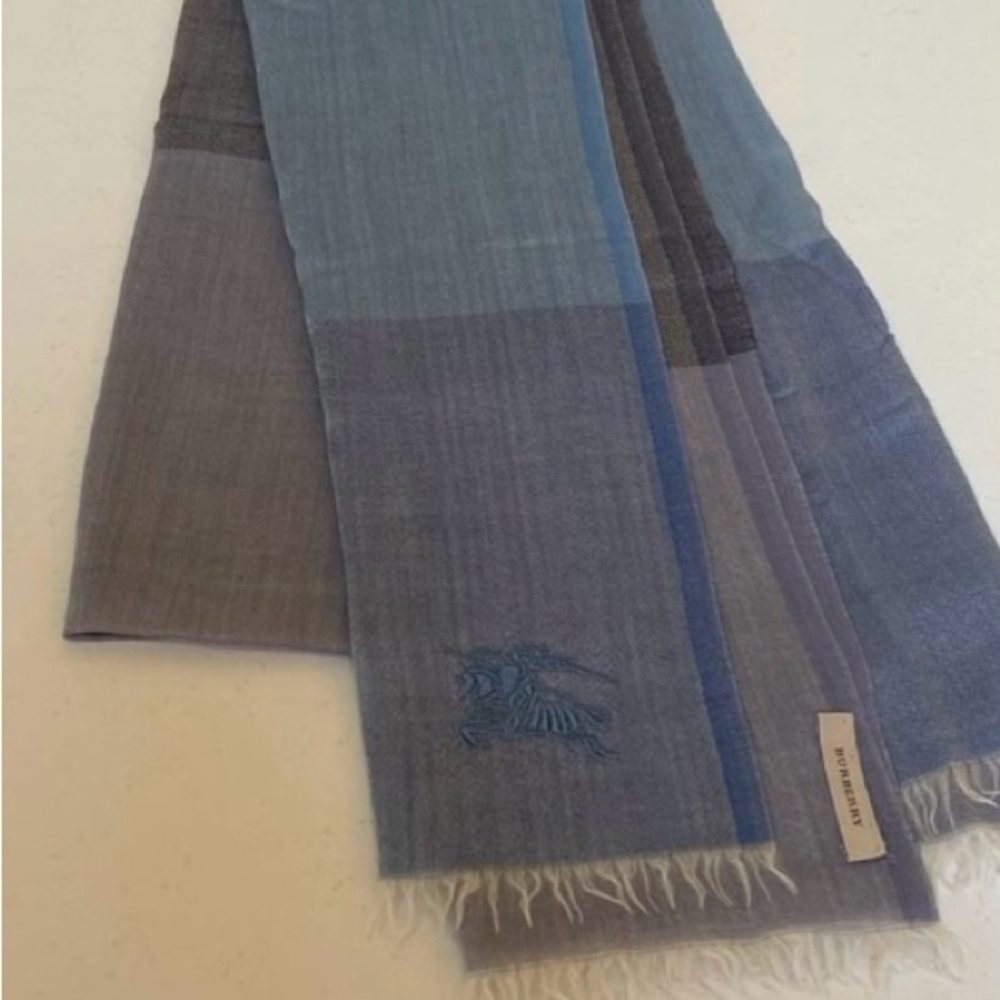 Burberry Blue and Gray Scarf with Woven Texture and Fringe